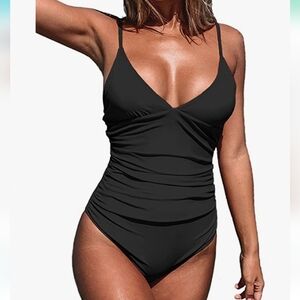 Sexy black one piece v neck adjustable straps shirring hides tummy SZ‎ M black